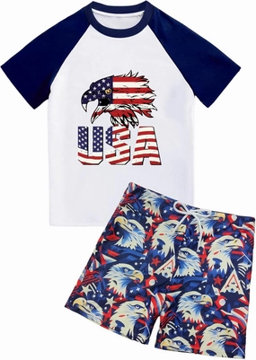 Boys 4th of July Swimsuit- Kids Patriotic Swim Trunks Shorts USA Eagle Rash Guard Swimwear 2PCS Sets Bathing Suit