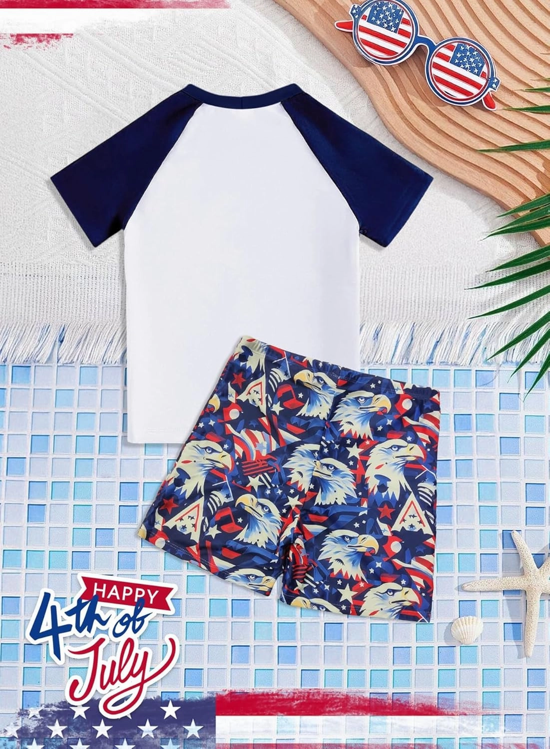 Boys 4th of July Swimsuit- Kids Patriotic Swim Trunks Shorts USA Eagle Rash Guard Swimwear 2PCS Sets Bathing Suit