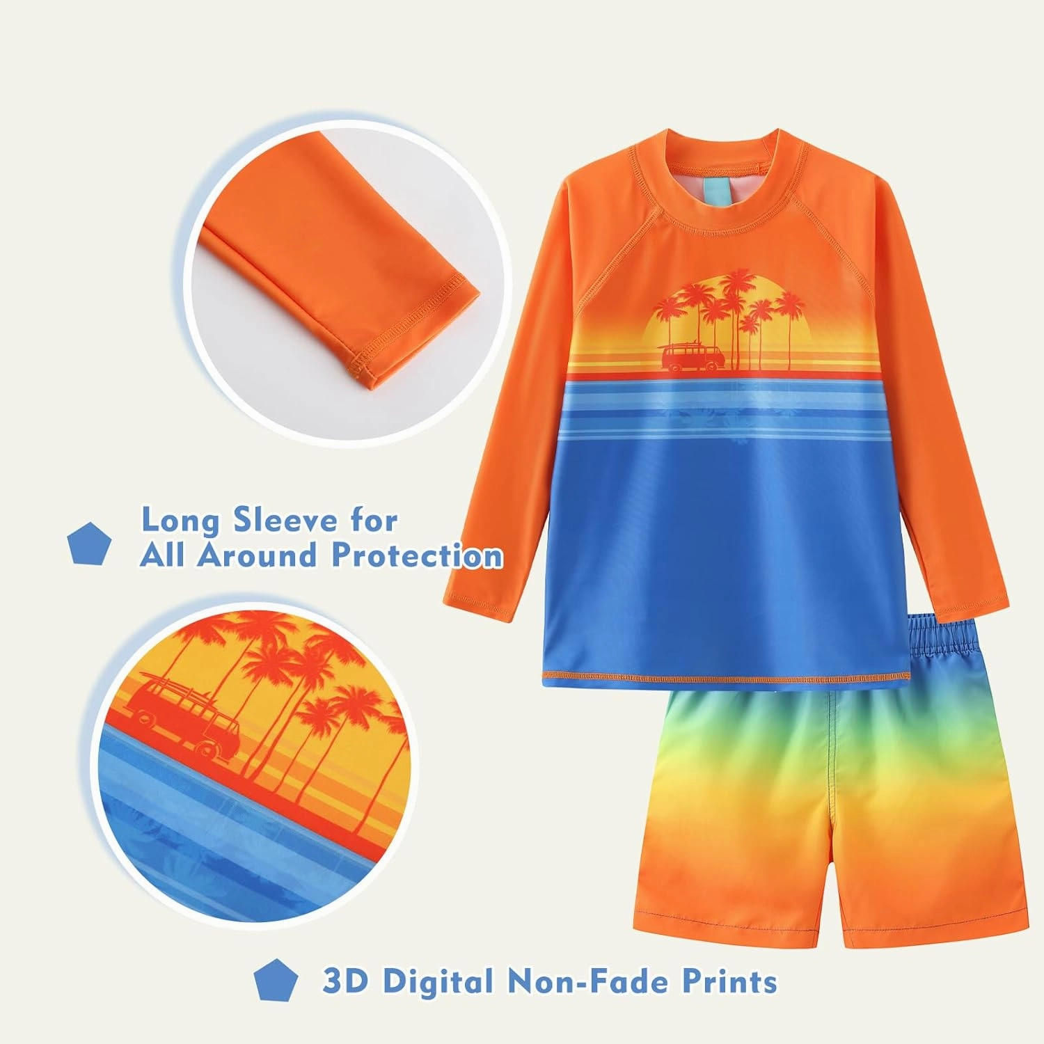 Boys Long Sleeve Rash Guard Swim Trunk Swimsuits Set Kids Two Piece Bathing Suit Swimwear Set