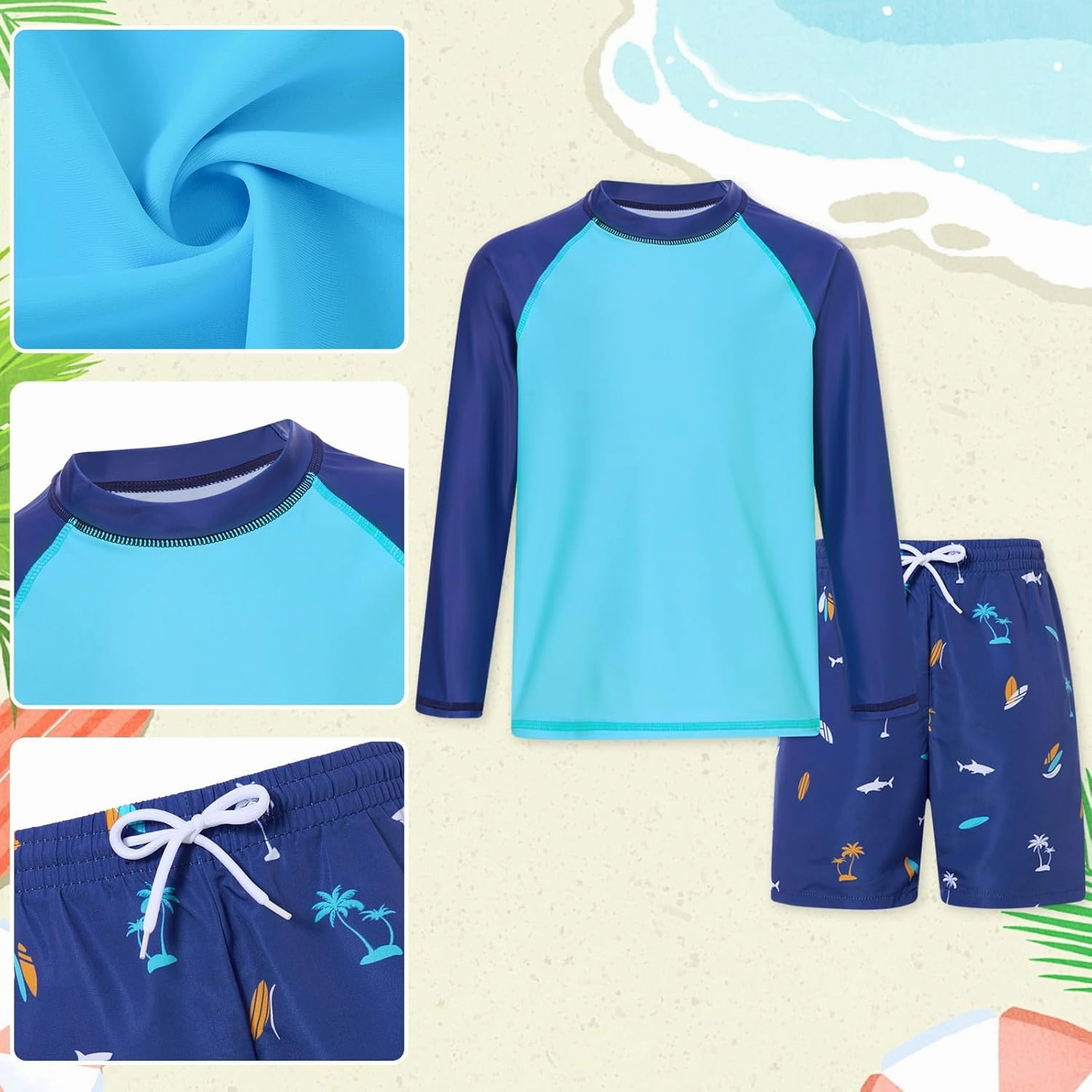 Boys Long Sleeve Rash Guard Swimsuit Kids 2-Pieces Bathing Suits Set