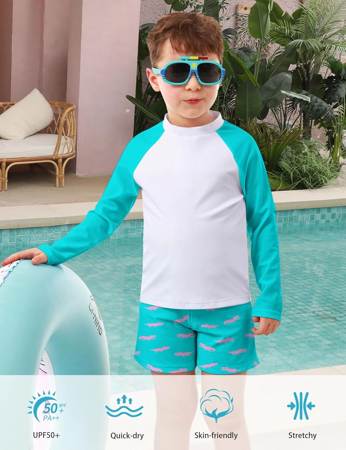 Boys Long Sleeve Rash Guard Swimsuit Kids 2-Pieces Bathing Suits Set