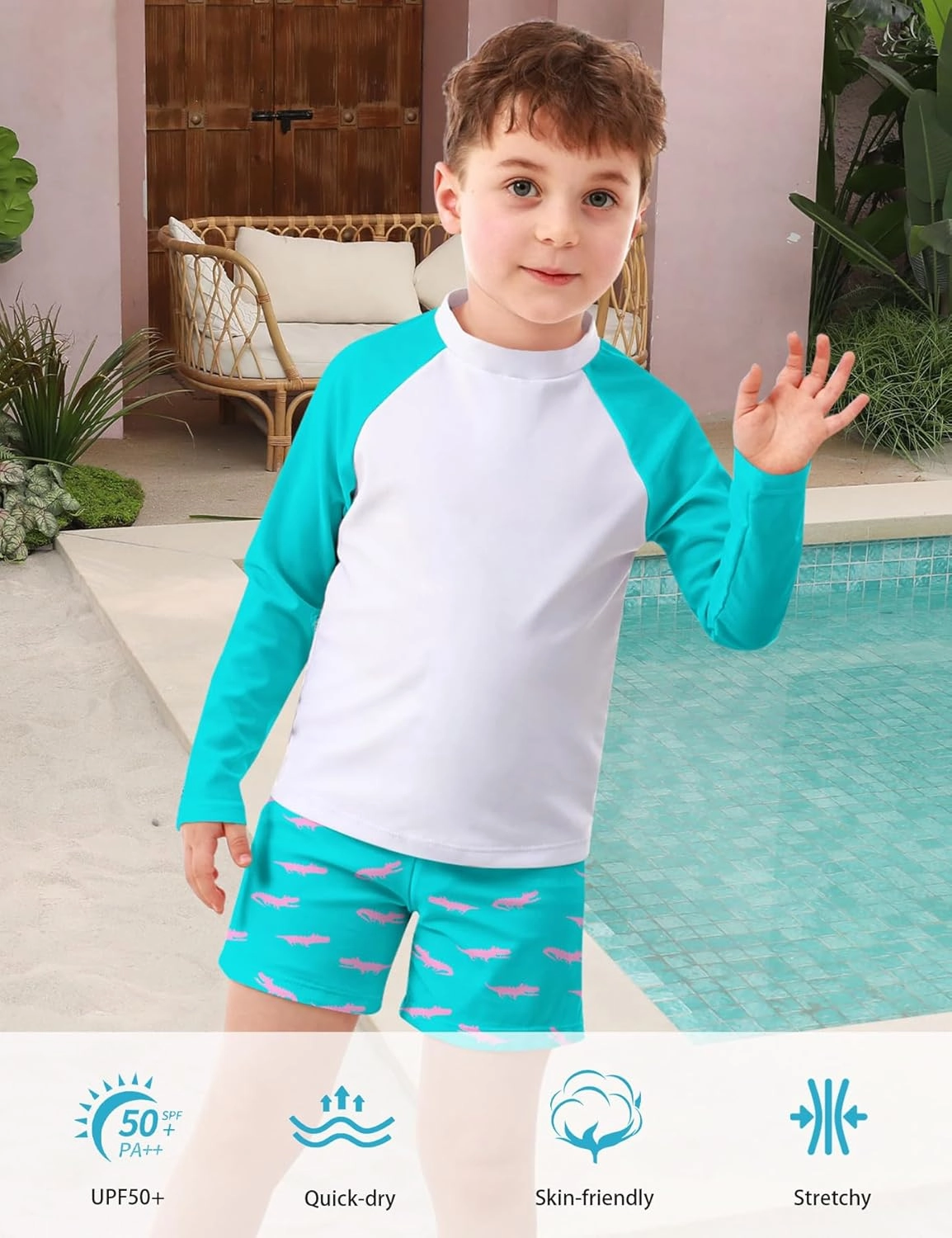 Boys Long Sleeve Rash Guard Swimsuit Kids 2-Pieces Bathing Suits Set