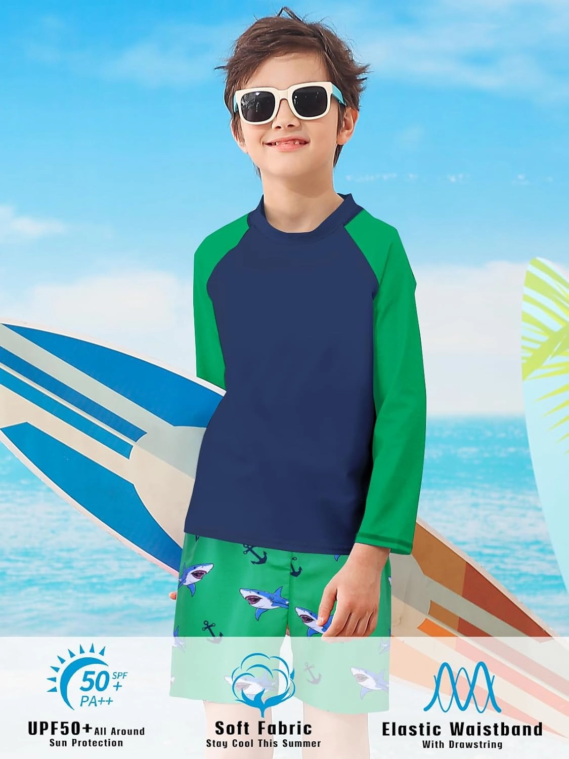 Boys Long Sleeve Rash Guard Swimsuit Kids 2-Pieces Bathing Suits Set