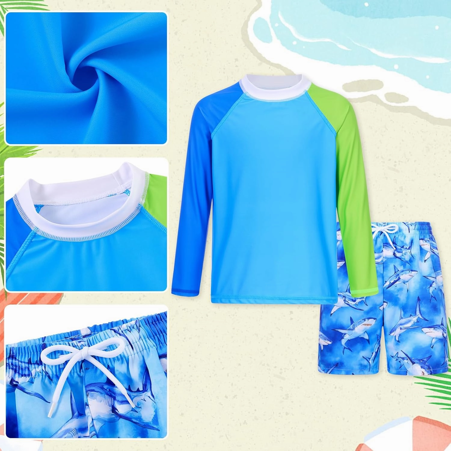 Boys Long Sleeve Rash Guard Swimsuit Kids 2-Pieces Bathing Suits Set