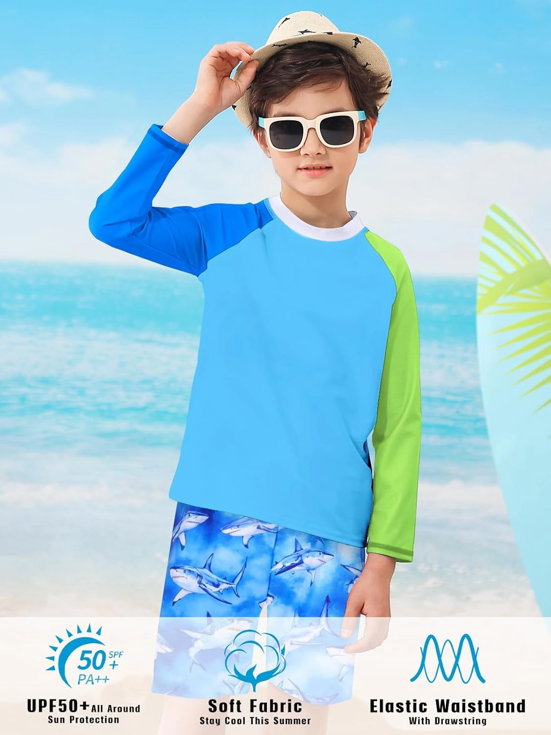 Boys Long Sleeve Rash Guard Swimsuit Kids 2-Pieces Bathing Suits Set