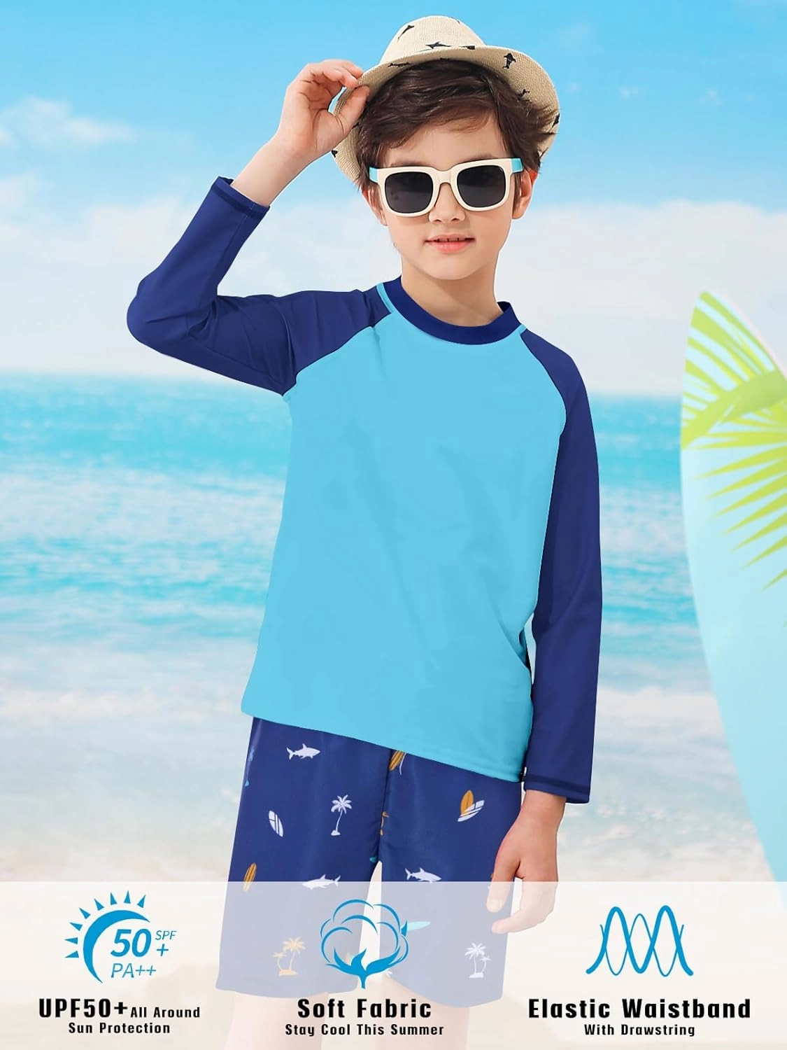 Boys Long Sleeve Rash Guard Swimsuit Kids 2-Pieces Bathing Suits Set
