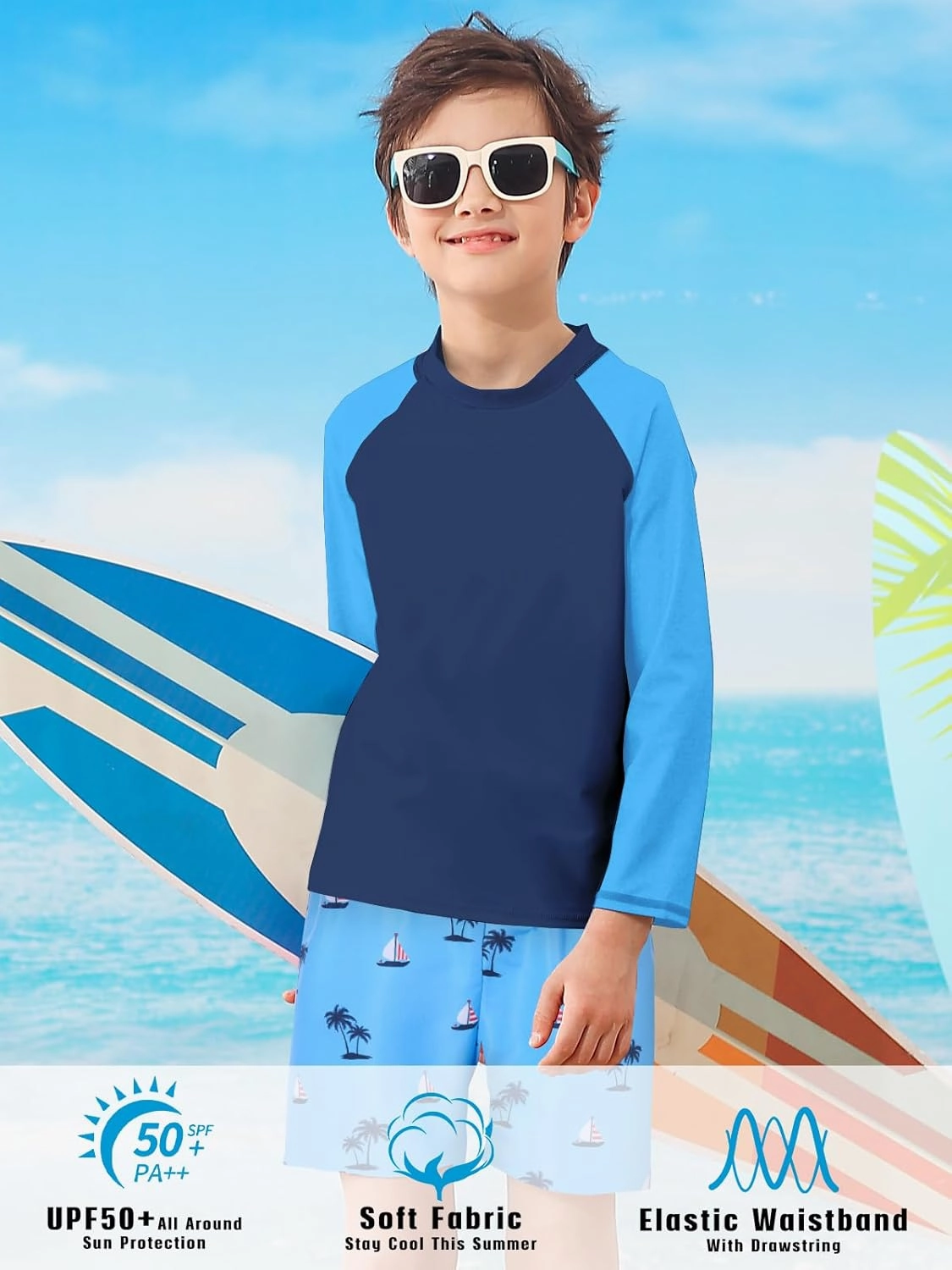 Boys Long Sleeve Rash Guard Swimsuit Kids 2-Pieces Bathing Suits Set