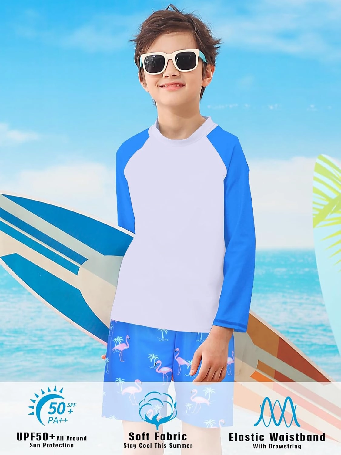 Boys Long Sleeve Rash Guard Swimsuit Kids 2-Pieces Bathing Suits Set