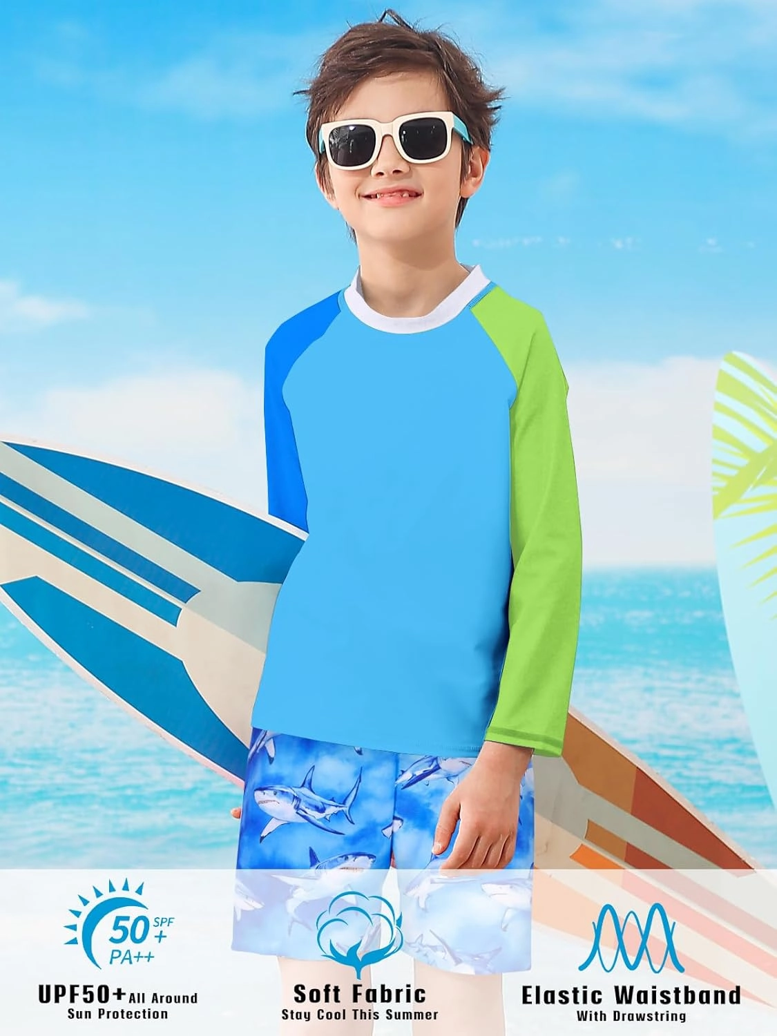 Boys Long Sleeve Rash Guard Swimsuit Kids 2-Pieces Bathing Suits Set