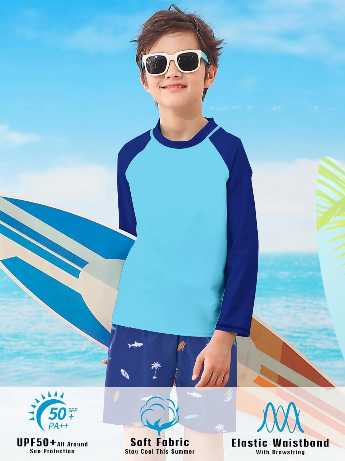 Boys Long Sleeve Rash Guard Swimsuit Kids 2-Pieces Bathing Suits Set