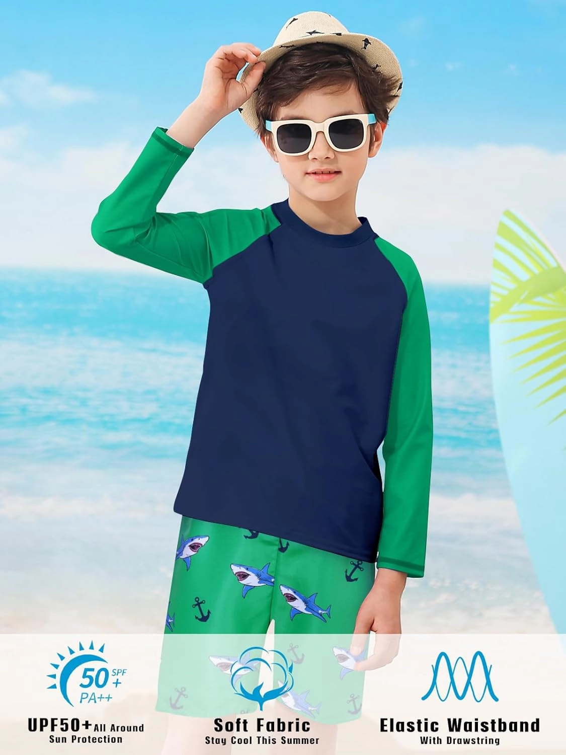 Boys Long Sleeve Rash Guard Swimsuit Kids 2-Pieces Bathing Suits Set