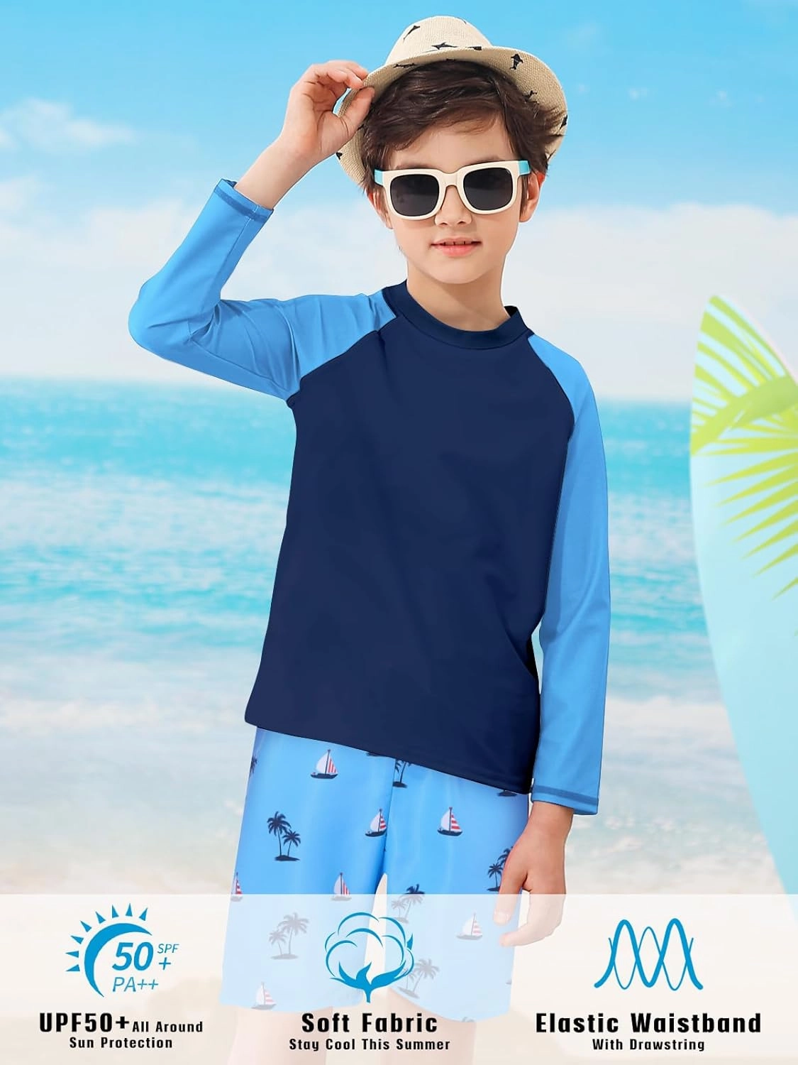 Boys Long Sleeve Rash Guard Swimsuit Kids 2-Pieces Bathing Suits Set