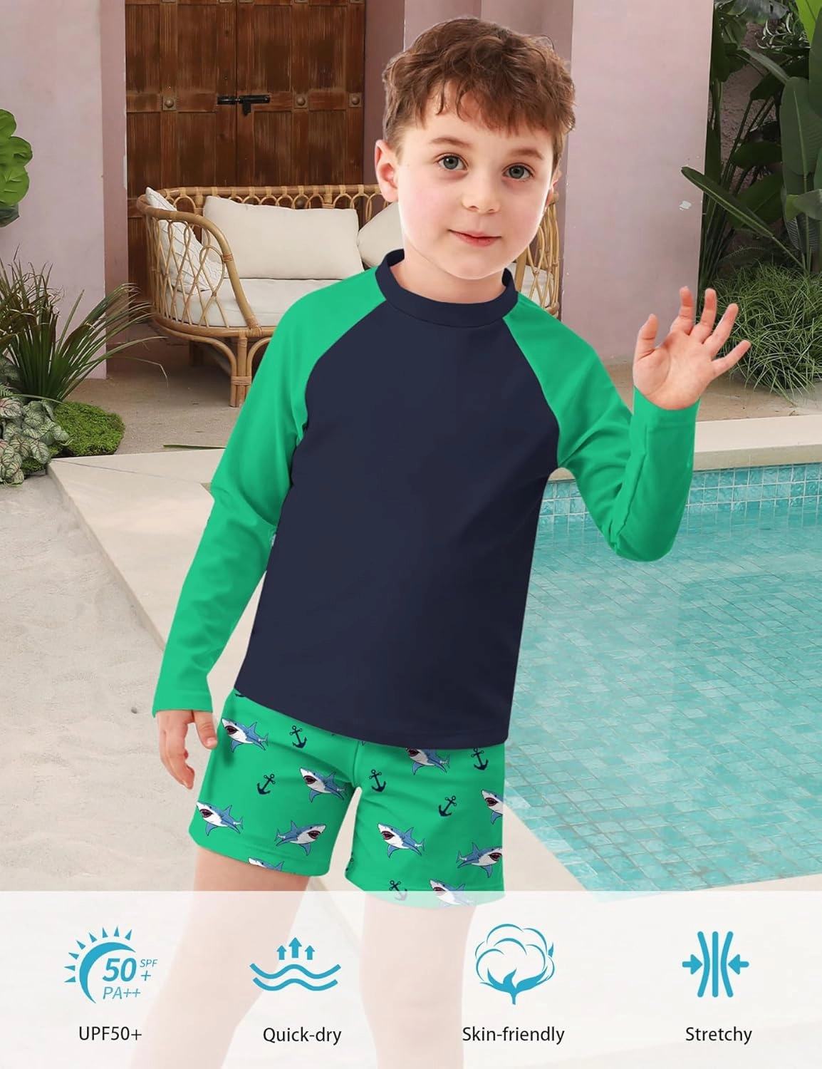 Boys Long Sleeve Rash Guard Swimsuit Kids 2-Pieces Bathing Suits Set
