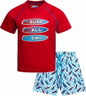 Boys Rash Guard Swimsuit Set - UPF 30  Kids Short Sleeve Bathing Suit Swimwear Sets (Sizes: 5-14)