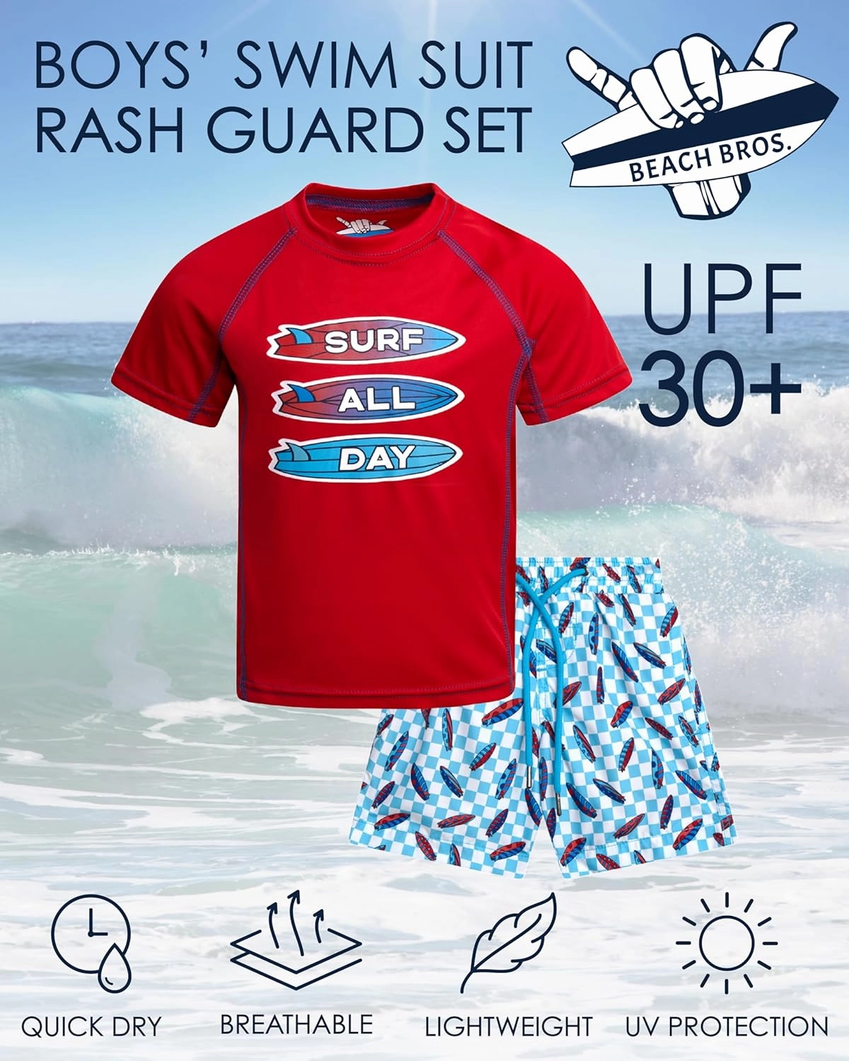 Boys Rash Guard Swimsuit Set - UPF 30  Kids Short Sleeve Bathing Suit Swimwear Sets (Sizes: 5-14)