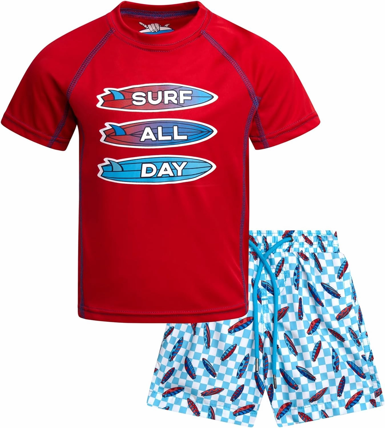 Boys Rash Guard Swimsuit Set - UPF 30  Kids Short Sleeve Bathing Suit Swimwear Sets (Sizes: 5-14)