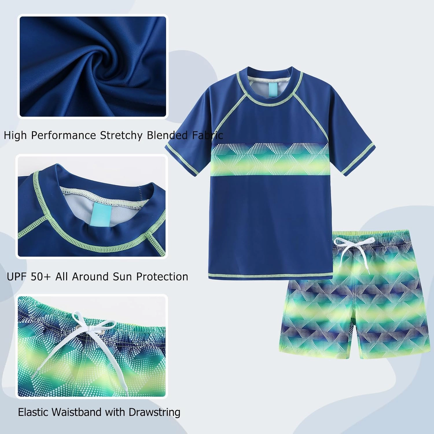 Boys Rash Guard Swimsuits Set for Boys Short Sleeve Swim Shirts with Trunks 2 Piece Quick Dry Swim Set