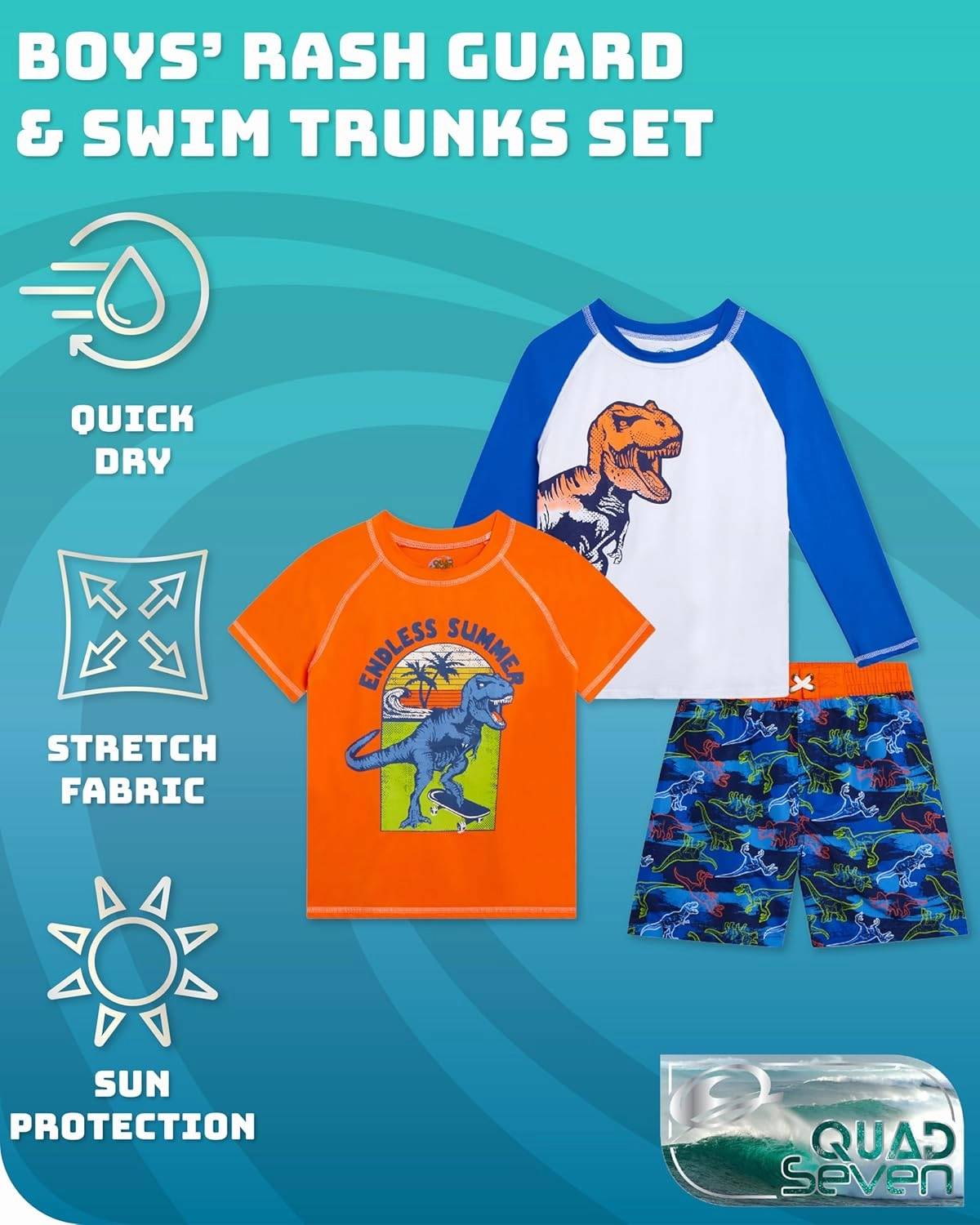 Boys Swim Set - 3 Piece Toddler Swim Trunks Boys Rash Guard Long Sleeve and Short Sleeve Kids Swimwear (2T-7)