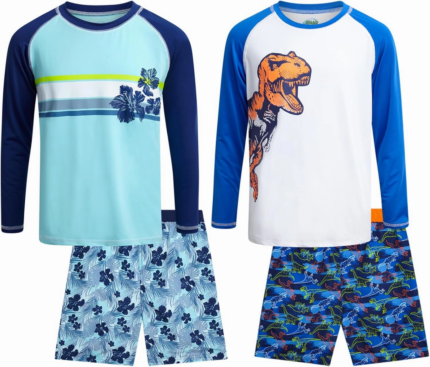 Boys Swim Set - 4 Piece Board Shorts Swim Trunks Long Sleeve Rash Guard for Boys Kids Swimwear (Sizes: 5-12)
