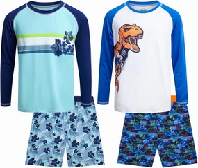 Boys Swim Set - 4 Piece Board Shorts Swim Trunks Long Sleeve Rash Guard for Boys Kids Swimwear (Sizes: 5-12)