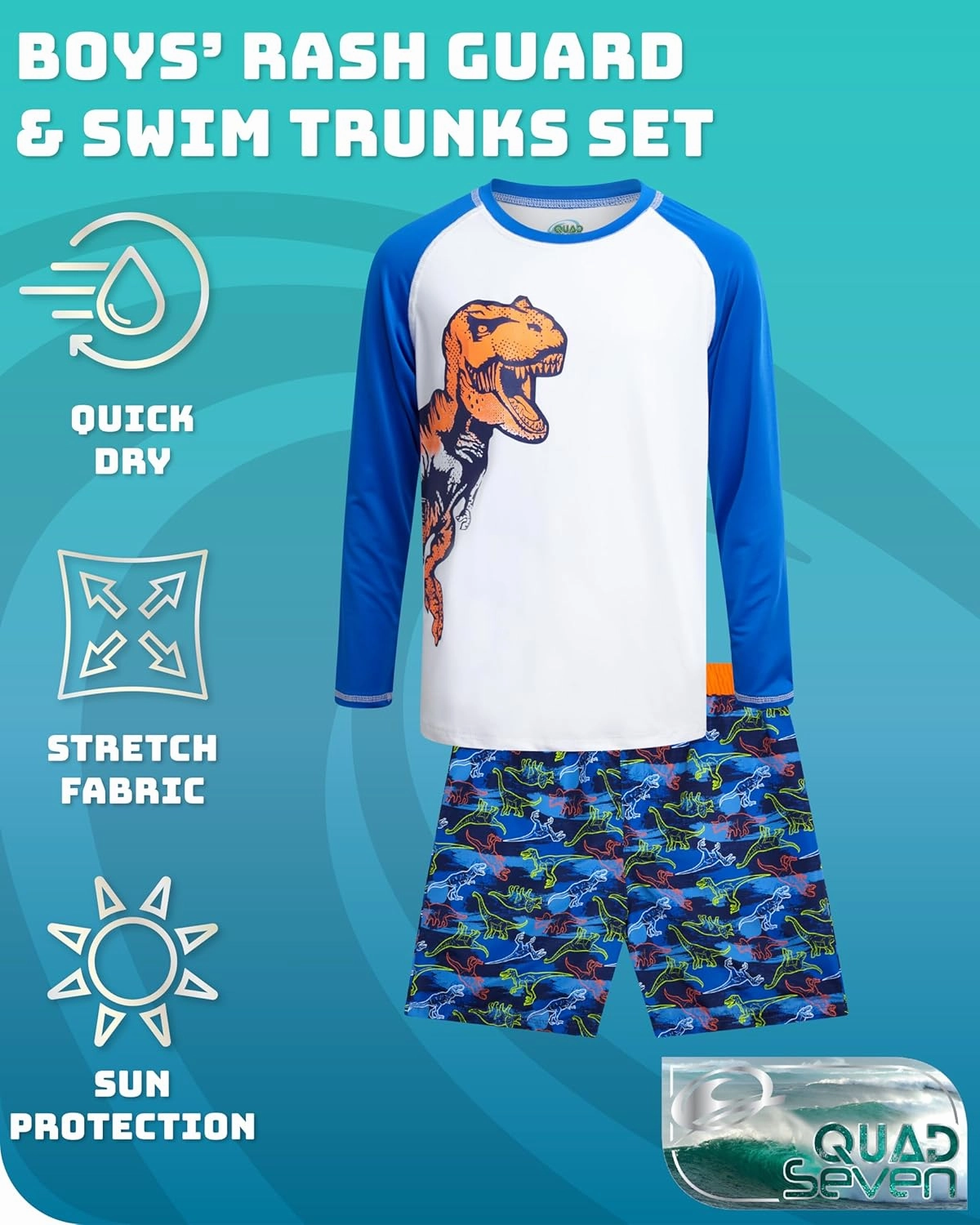 Boys Swim Set - 4 Piece Board Shorts Swim Trunks Long Sleeve Rash Guard for Boys Kids Swimwear (Sizes: 5-12)