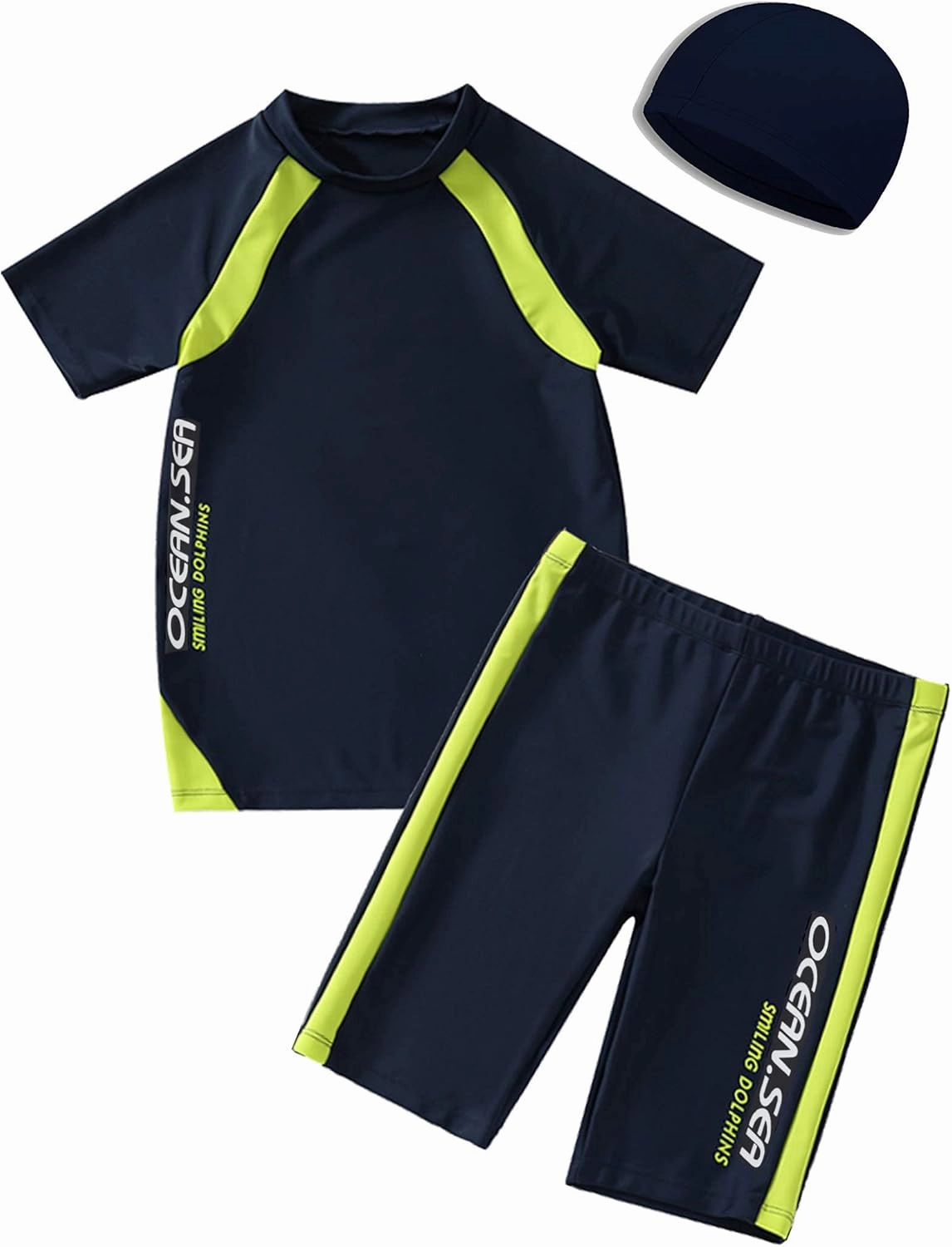 Boys Swimsuits UPF50 UV Swimwear Set Two Piece Rash Guard with Hat for Kids 4-14 Years