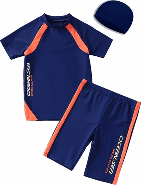 Boys Swimsuits UPF50 UV Swimwear Set Two Piece Rash Guard with Hat for Kids 4-14 Years