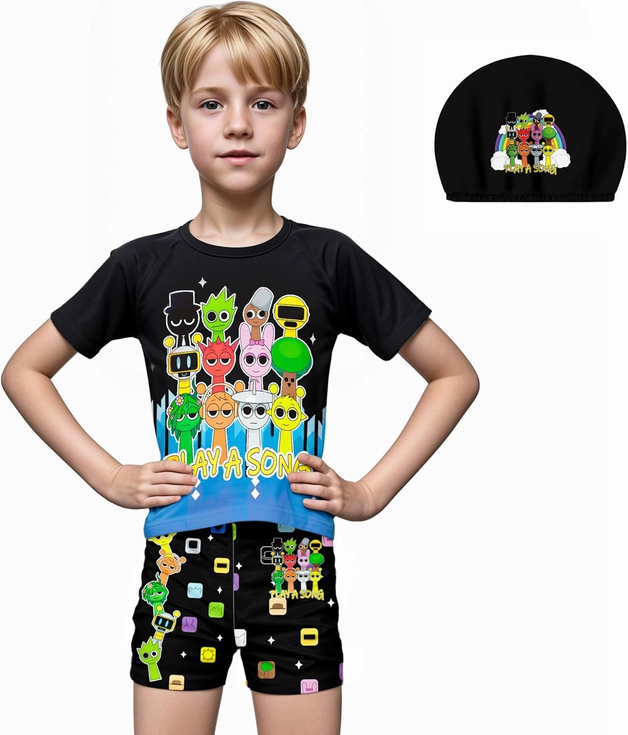 Boys Swimwear 3Pcs Sets Kids Music Game Tee Swimsuit with Swimming Cap for 5-12Y Adventure Child Clothes