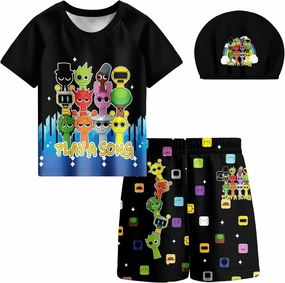 Boys Swimwear 3Pcs Sets Kids Music Game Tee Swimsuit with Swimming Cap for 5-12Y Adventure Child Clothes