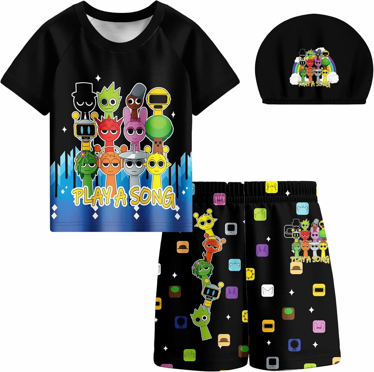 Boys Swimwear 3Pcs Sets Kids Music Game Tee Swimsuit with Swimming Cap for 5-12Y Adventure Child Clothes