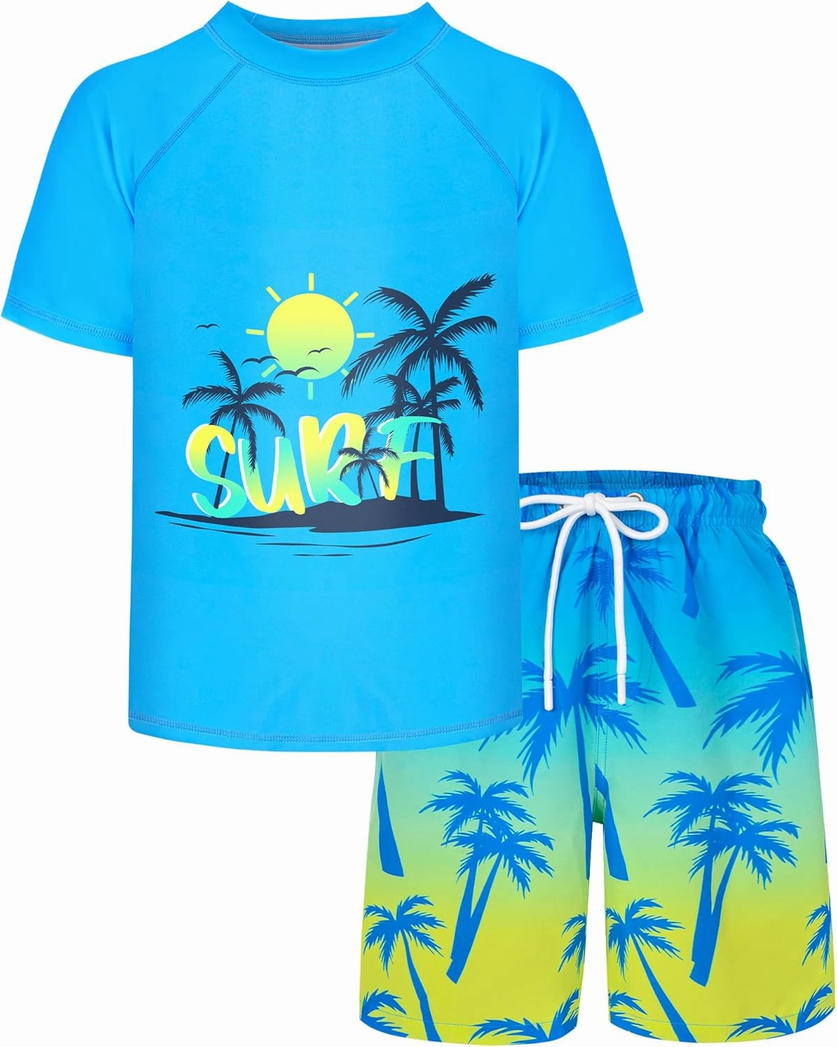 Boys Two Piece Rash Guard and Swim Trunks Outfit Set Kids Short Sleeve Swimsuit