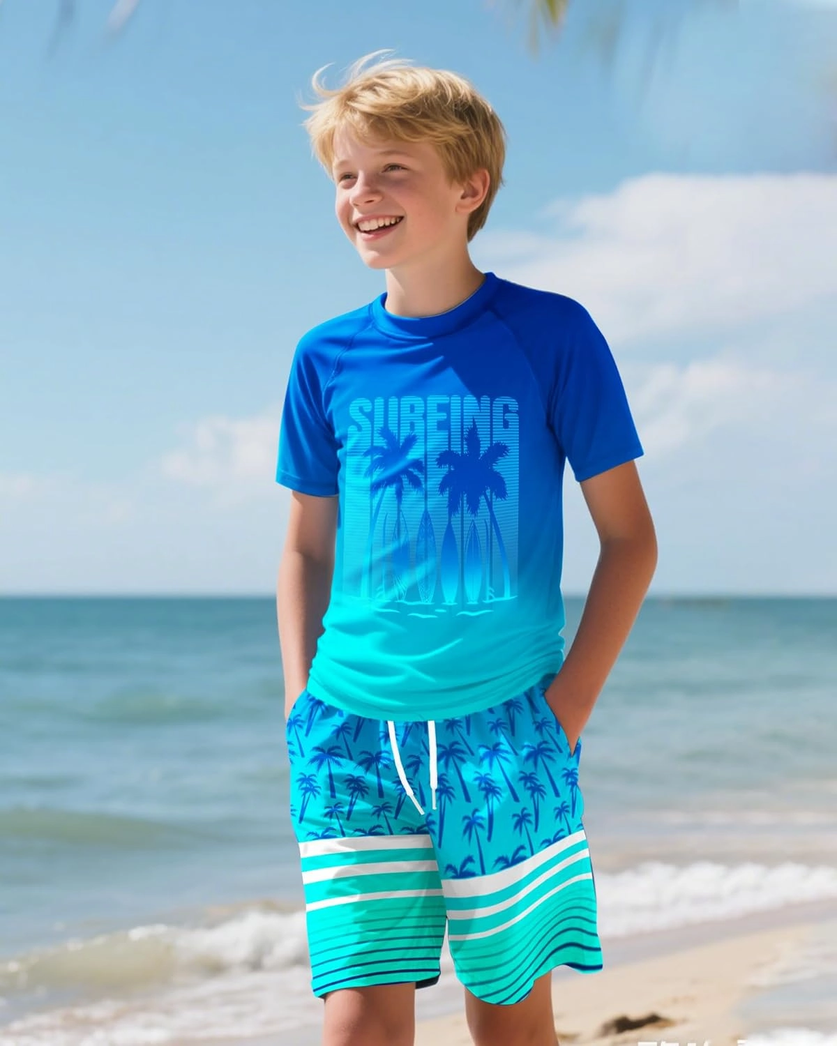 Boys Two Piece Rash Guard and Swim Trunks Outfit Set Kids Short Sleeve Swimsuit