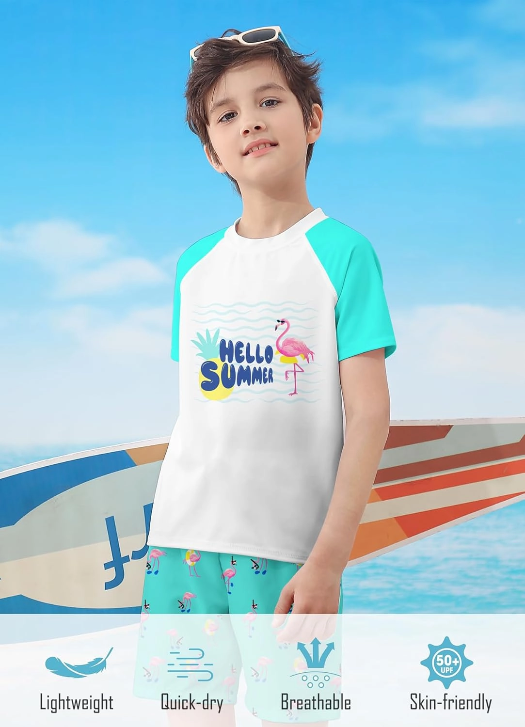 Boys Two Piece Rash Guard Swimsuits Sets Bathing Suits with Trunks 4-12 Years