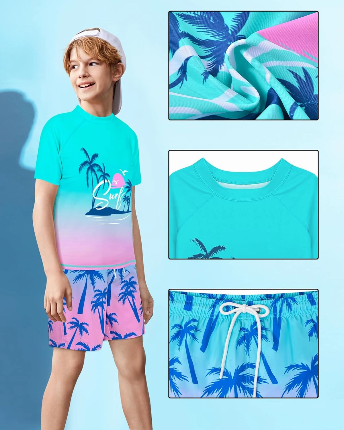 Boys Two Piece Rash Guard Swimsuits Sets Kids Short Sleeve Swim Shirts Bathing Suit with Swim Trunks Swimwear Set