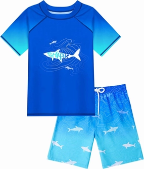 Boys Two Piece Rash Guard Swimsuits Sets Kids Short Sleeve Swim Shirts Bathing Suit with Swim Trunks Swimwear Set