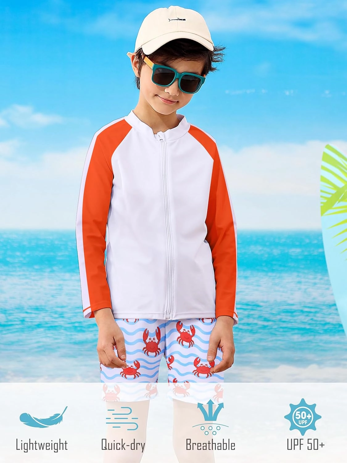 Boys Two Piece Swim Set Zipper Rash Guard Swimsuits Long Sleeve Bathing Suit for 4-12 Years