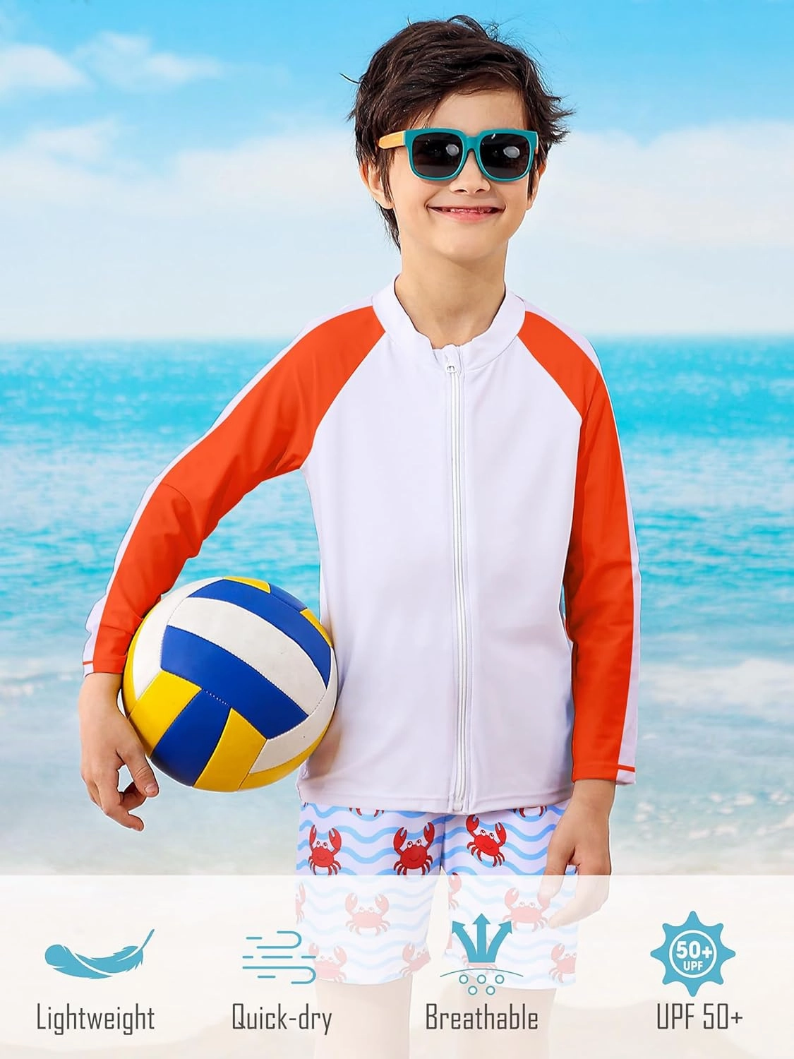 Boys Two Piece Swim Set Zipper Rash Guard Swimsuits Long Sleeve Bathing Suit for 4-12 Years