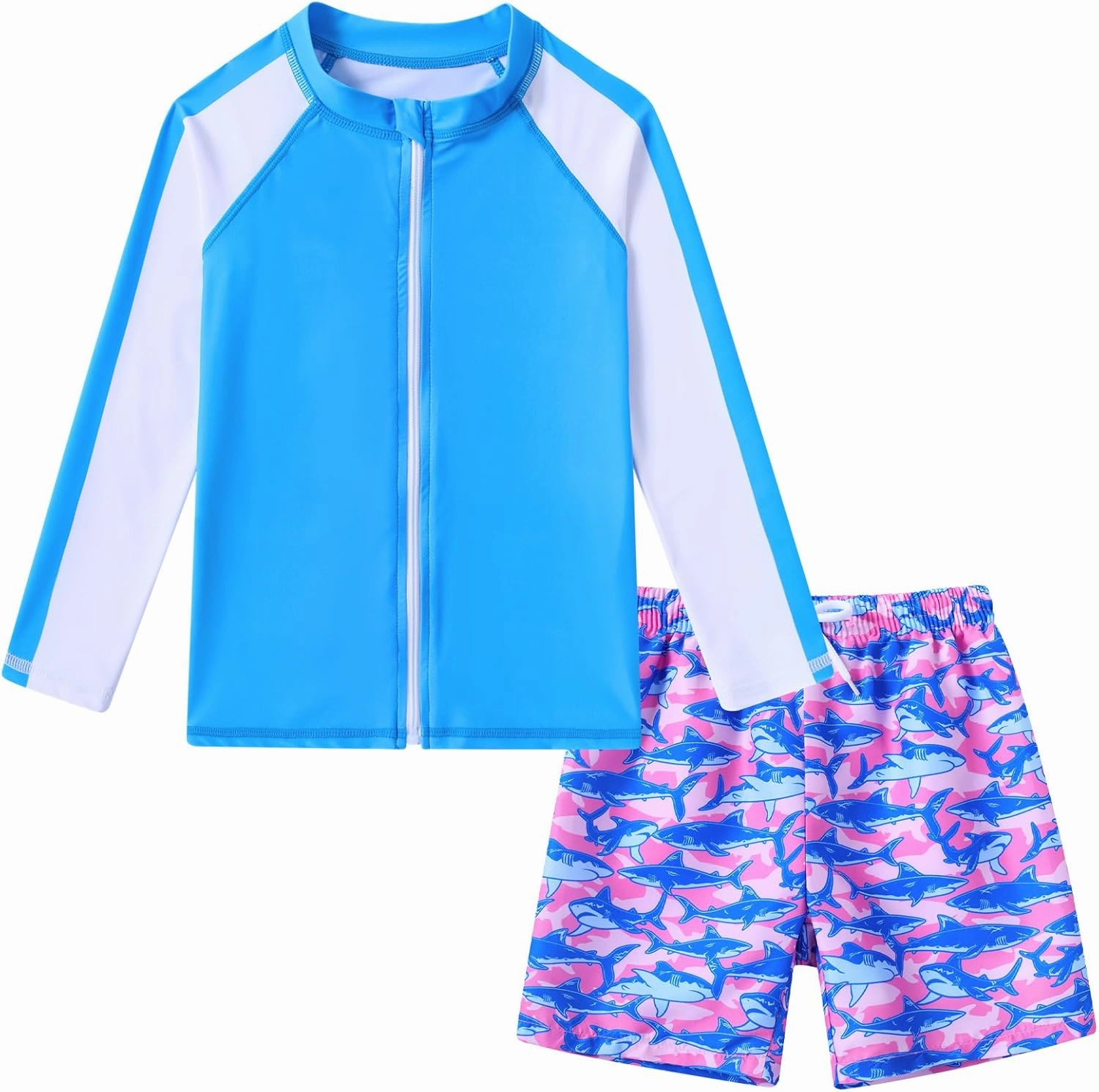 Boys Two Piece Swim Set Zipper Rash Guard Swimsuits Long Sleeve Bathing Suit for 4-12 Years