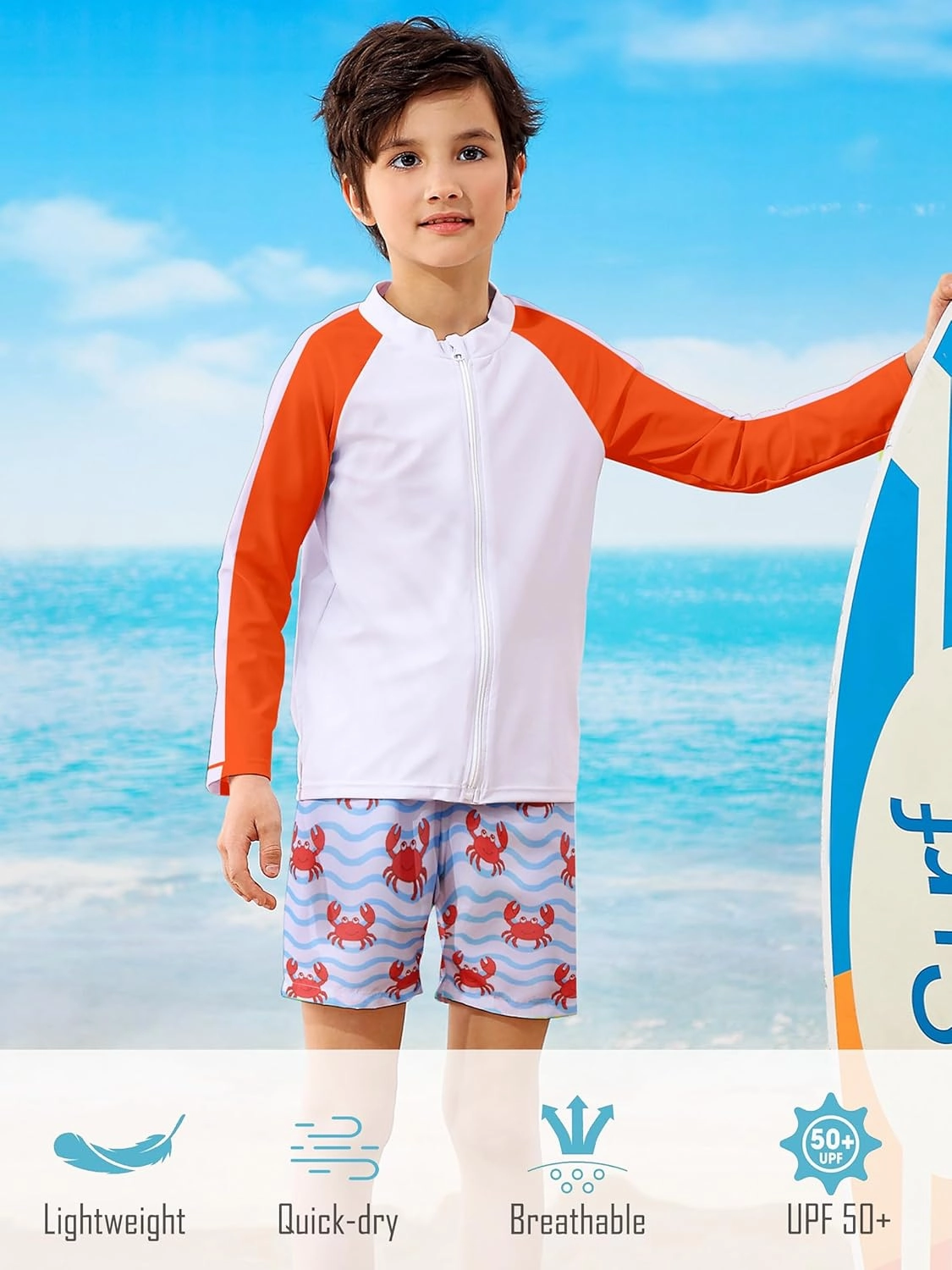 Boys Two Piece Swim Set Zipper Rash Guard Swimsuits Long Sleeve Bathing Suit for 4-12 Years