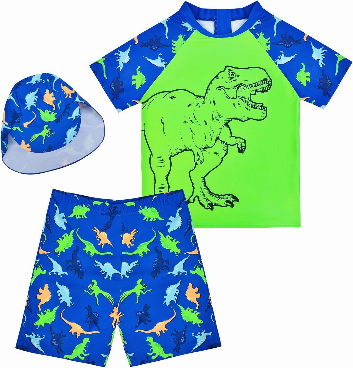 Boys Two Pieces Swimsuit Set Short Sleeve Kids Rash Guard Dinosaur Boys Bathing Suit with Sun Cap for 2-6 Years