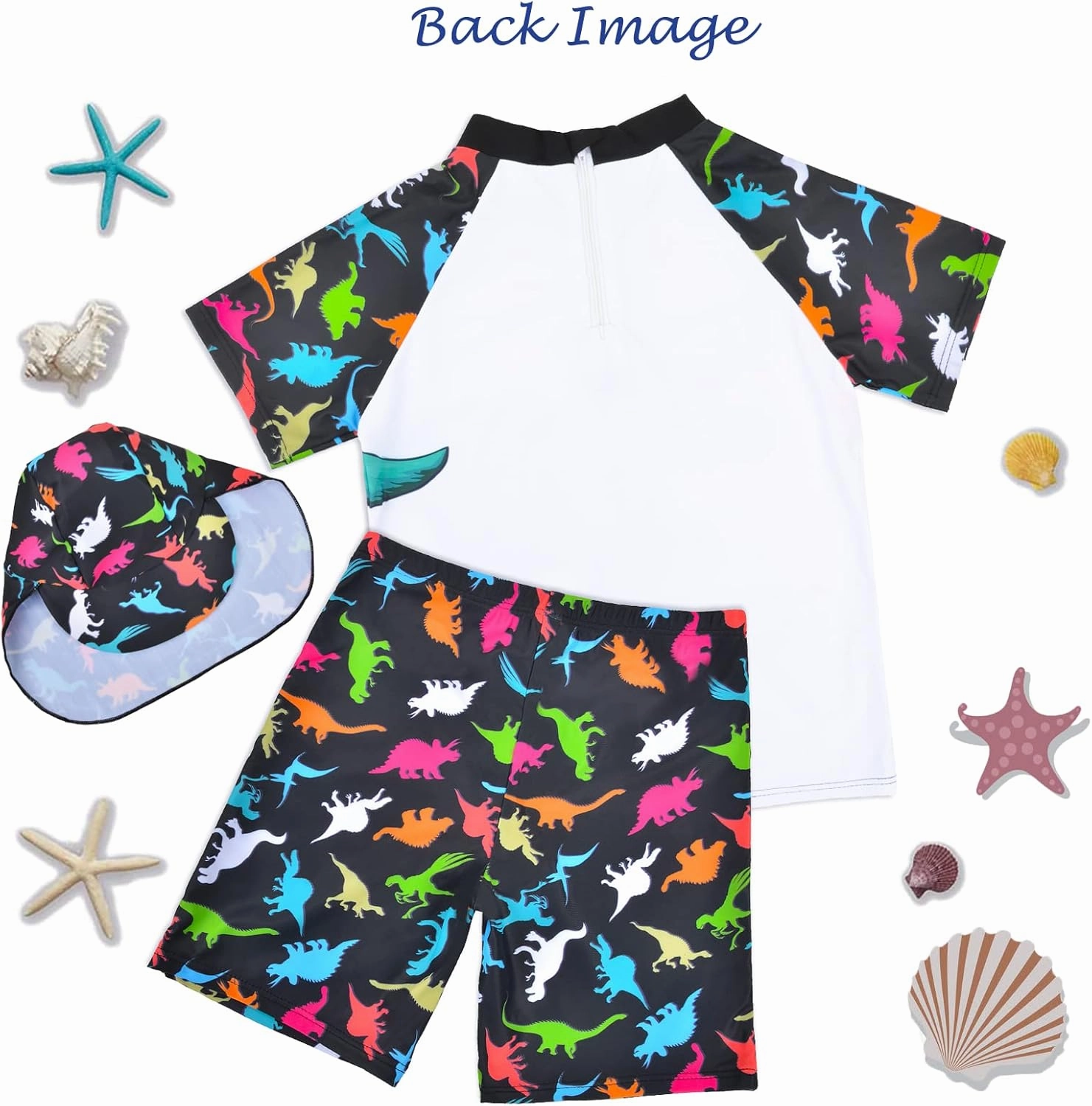 Boys Two Pieces Swimsuit Set Short Sleeve Kids Rash Guard Dinosaur Boys Bathing Suit with Sun Cap for 2-6 Years