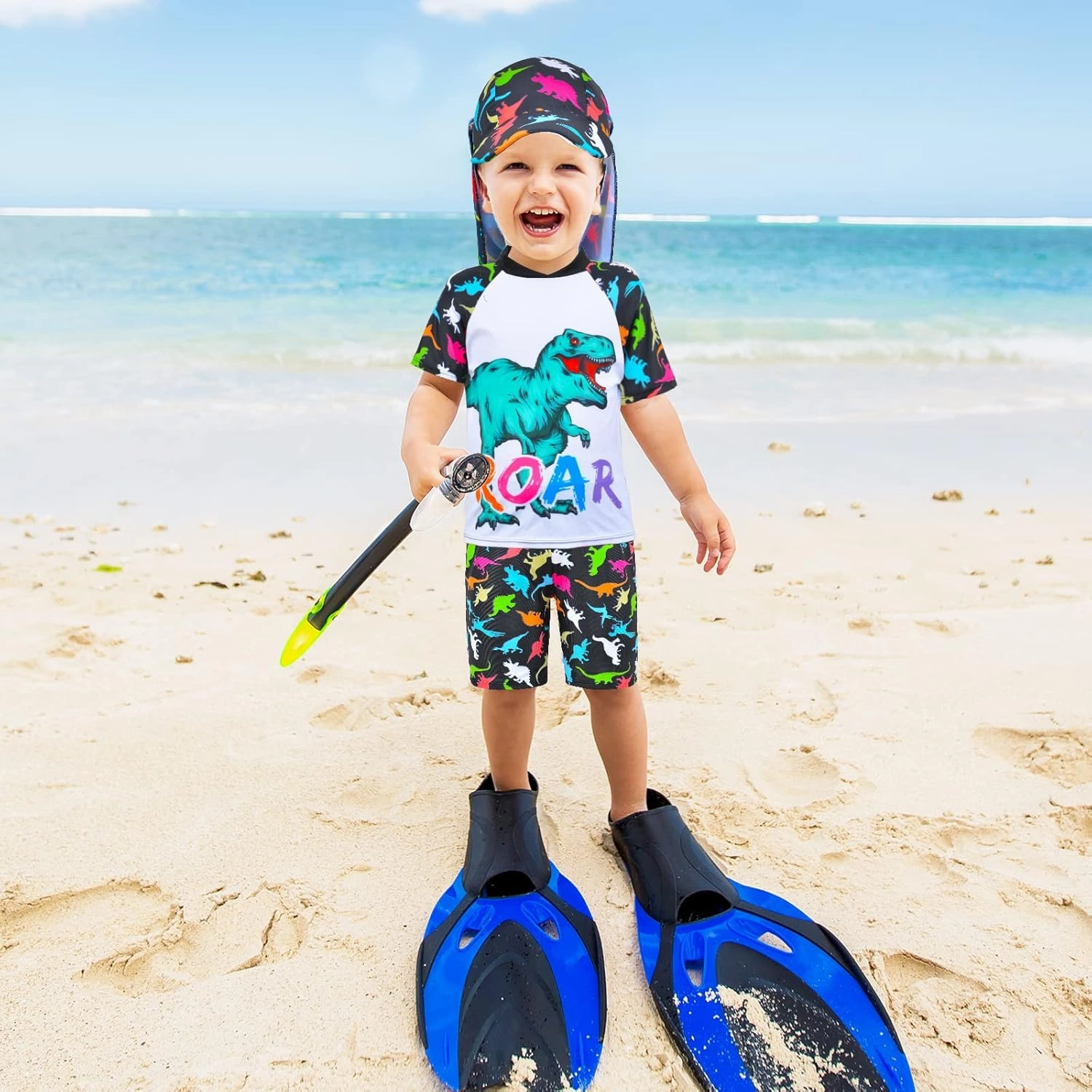 Boys Two Pieces Swimsuit Set Short Sleeve Kids Rash Guard Dinosaur Boys Bathing Suit with Sun Cap for 2-6 Years