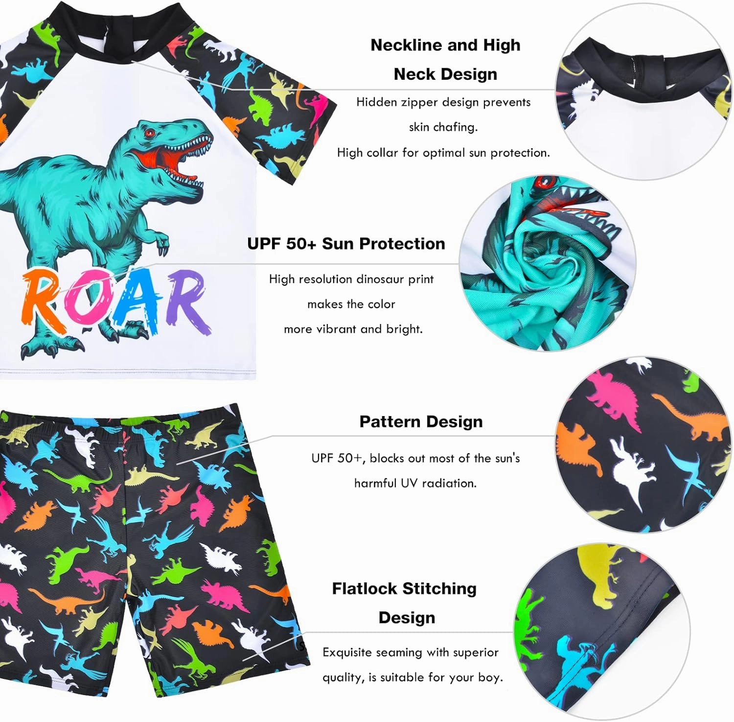 Boys Two Pieces Swimsuit Set Short Sleeve Kids Rash Guard Dinosaur Boys Bathing Suit with Sun Cap for 2-6 Years