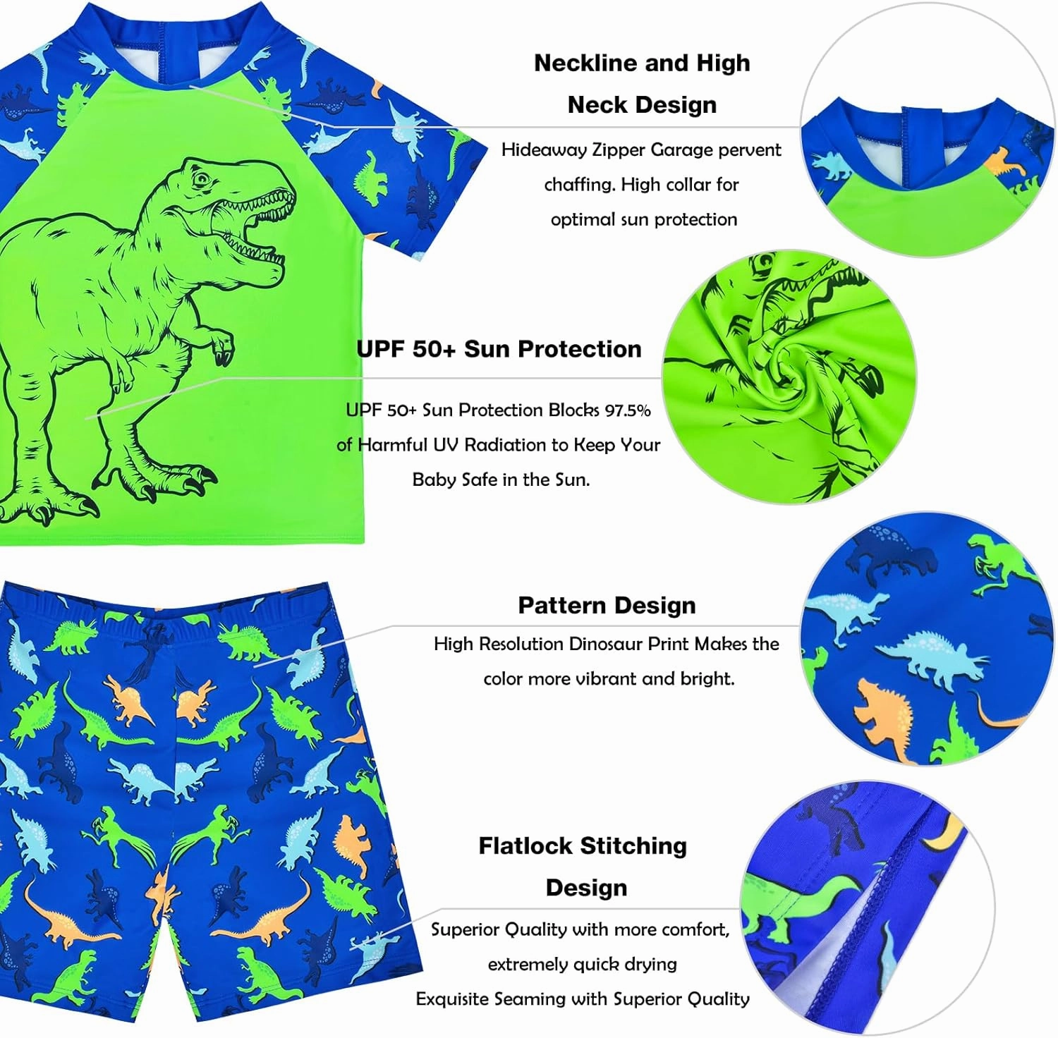 Boys Two Pieces Swimsuit Set Short Sleeve Kids Rash Guard Dinosaur Boys Bathing Suit with Sun Cap for 2-6 Years