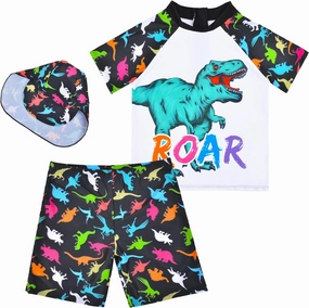 Boys Two Pieces Swimsuit Set Short Sleeve Kids Rash Guard Dinosaur Boys Bathing Suit with Sun Cap for 2-6 Years