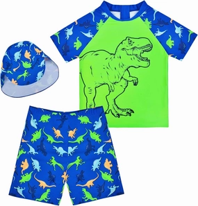Boys Two Pieces Swimsuit Set Short Sleeve Kids Rash Guard Dinosaur Boys Bathing Suit with Sun Cap for 2-6 Years