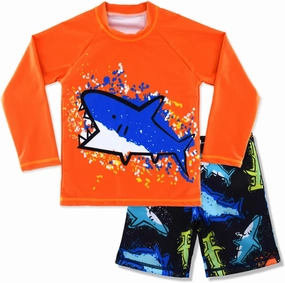 Boys UPF 50  Long Sleeve Rash Guard and Swim Trunks Outfit Set Toddler to Big Boy Sizes (3-11Years)