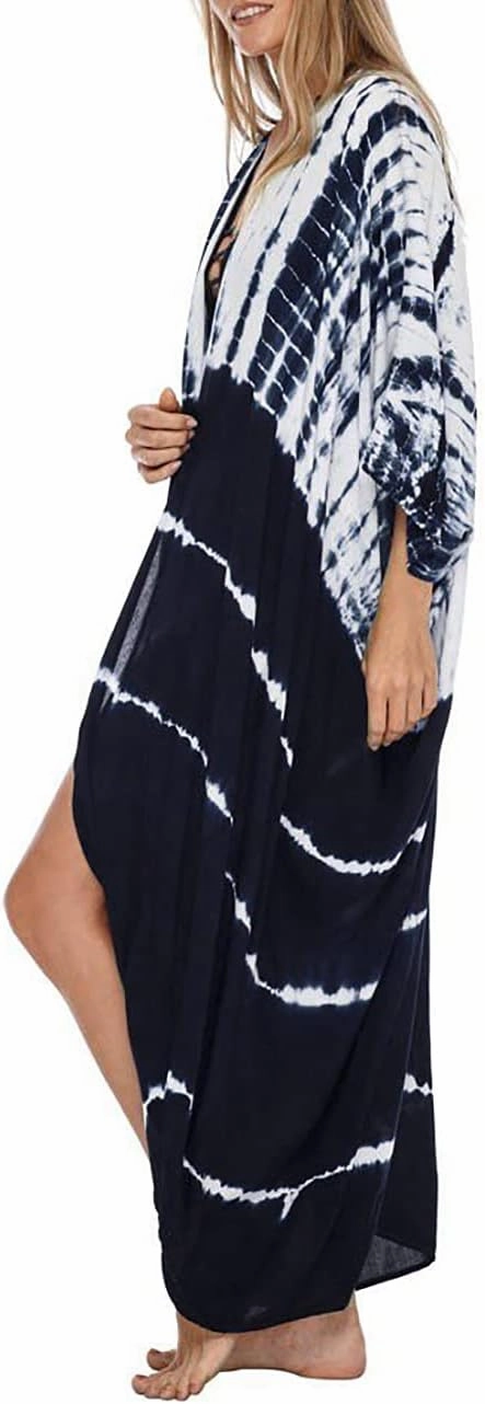 Bsubseach Stylish Tie Dye Open Front Long Kimono Swimsuit Cover Up for Women Swimwear Cover Ups