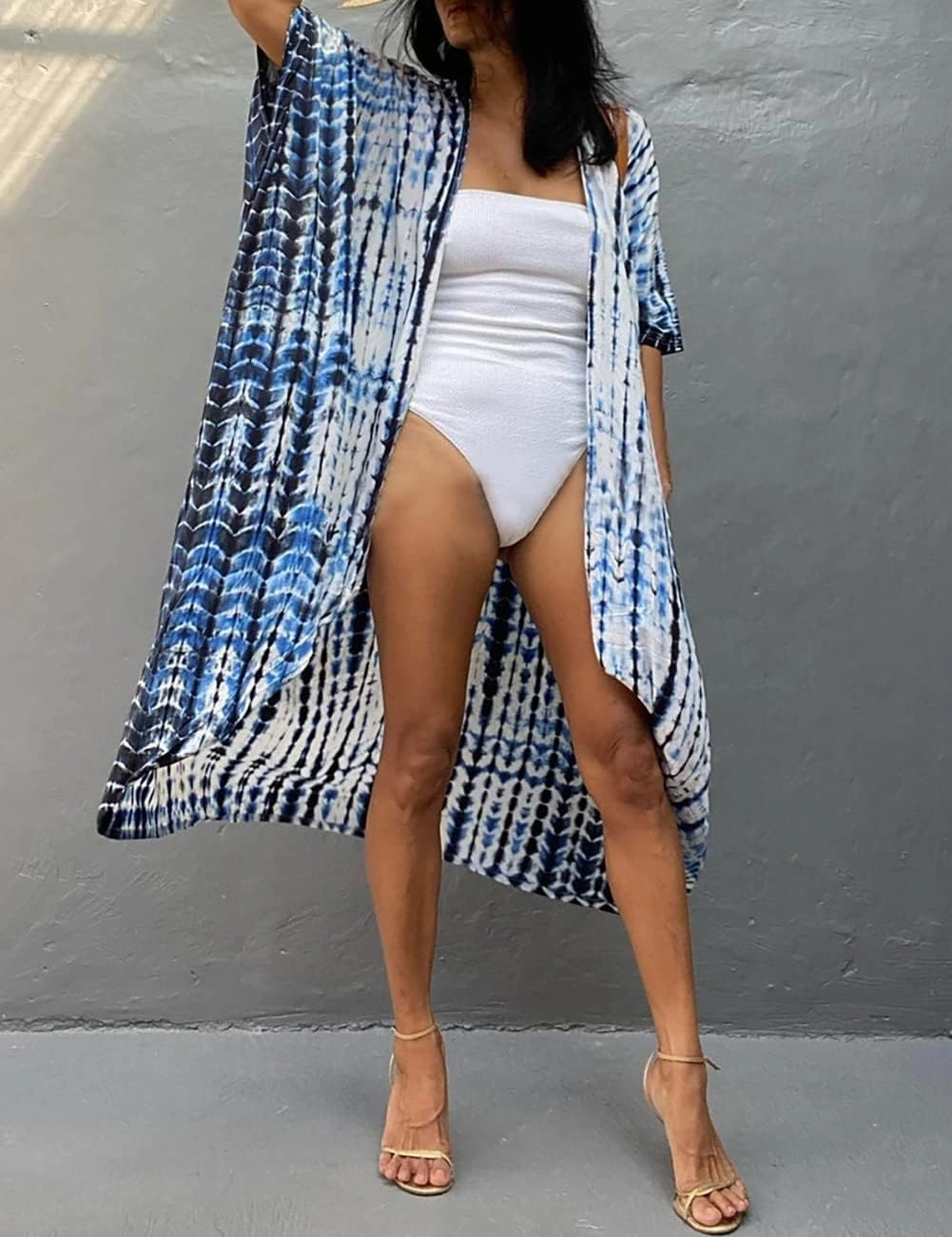 Bsubseach Stylish Tie Dye Open Front Long Kimono Swimsuit Cover Up for Women Swimwear Cover Ups