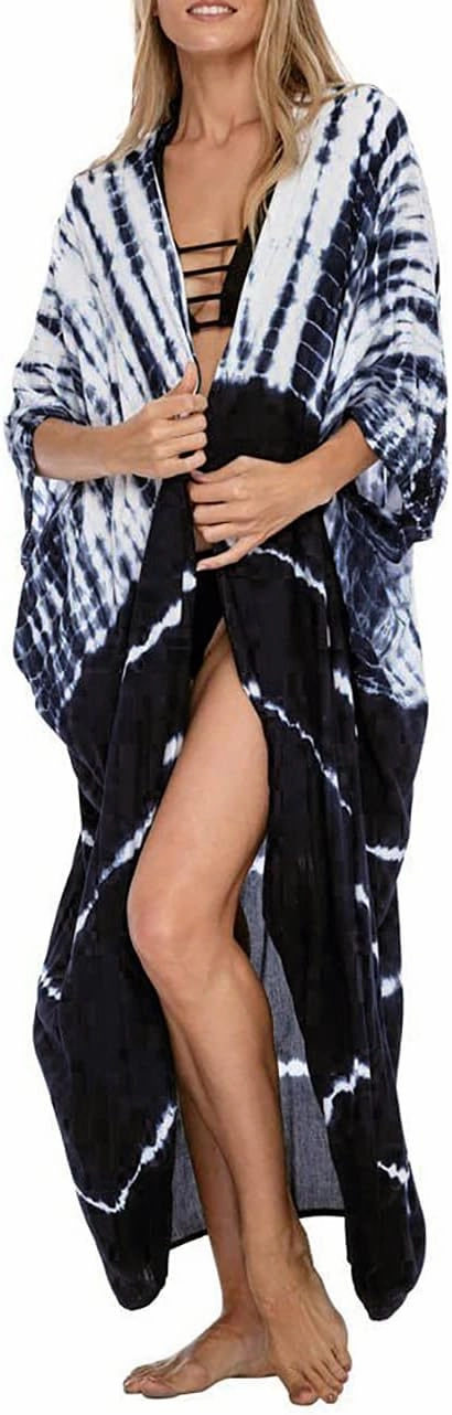 Bsubseach Stylish Tie Dye Open Front Long Kimono Swimsuit Cover Up for Women Swimwear Cover Ups